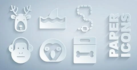Set Owl bird, Worm, Monkey, Dog bone, Shark fin in ocean wave and Deer head with Stock Illustration
