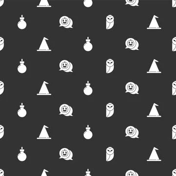 Set Owl, Witch hat, Bomb ready to explode and Pumpkin on seamless pattern Illustrazione stock