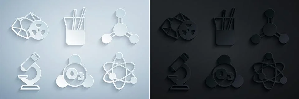 Set Ozone, Molecule, Microscope, Atom, Laboratory glassware and Radioactive.. Illustrazione stock