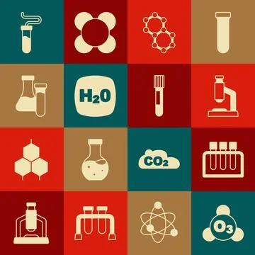Set Ozone, Test tube, Microscope, Molecule, Chemical formula H2O, and icon Stock Illustration