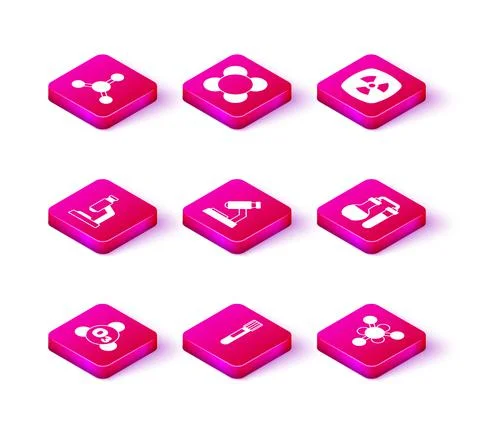 Set Ozone, Test tube, Microscope, Molecule, Radioactive and icon. Vector Illustrazione stock
