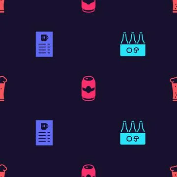 Set Pack of beer bottles, Beer menu, can and Glass on seamless pattern. Vector Stock Illustration