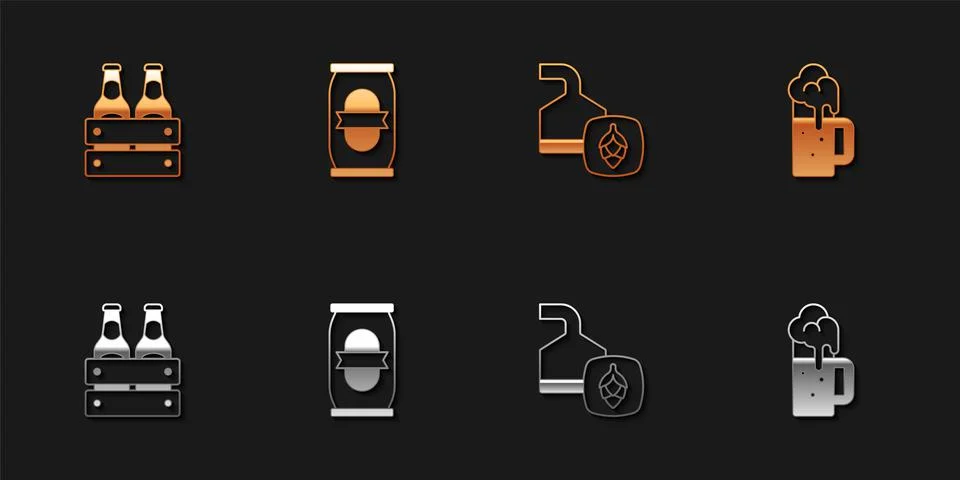 Set Pack of beer bottles, Beer can, brewing process and Wooden mug icon. Vector 스톡 일러스트