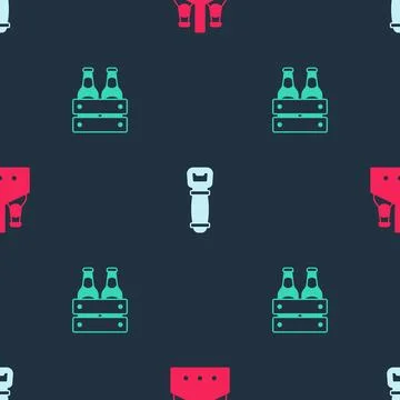 Set Pack of beer bottles, Bottle opener and  on seamless pattern. Vector Illustrazione stock
