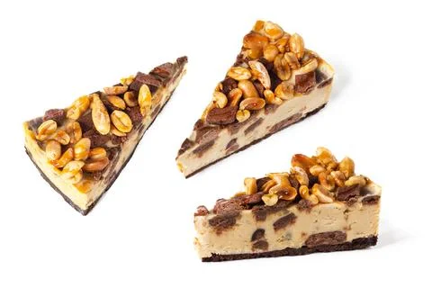 Set pack of different angles slices of cheesecake caramel with peanuts and .. Stock Photos
