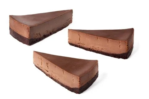 Set pack of different angles slices of chocolate cheesecake on white backgr.. Stock Photos
