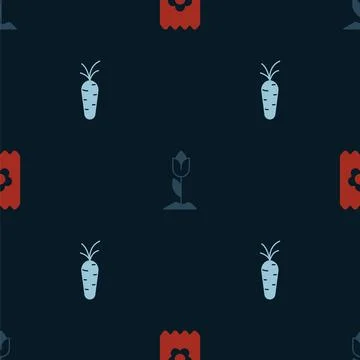 Set Pack full of seeds, Flower tulip and Carrot on seamless pattern. Vector Stock Illustration