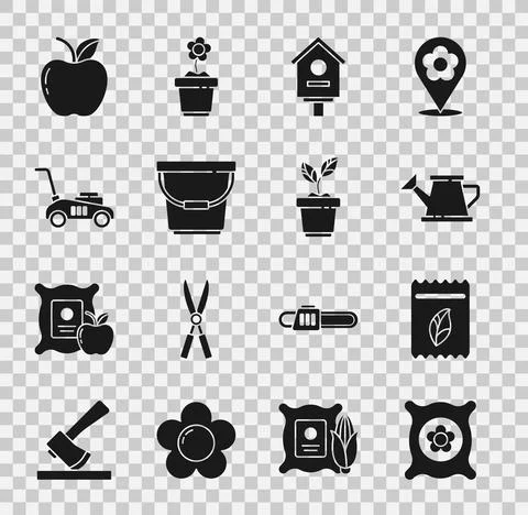 Set Pack full of seeds of plant, Watering can, Bird house, Bucket, Lawn mower Illustration