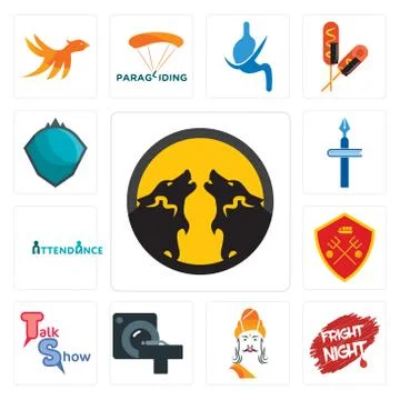 Set of pack wolf, fright night, ashoka, ct scan, talk show, man u, attendance Illustrazione stock gratuita