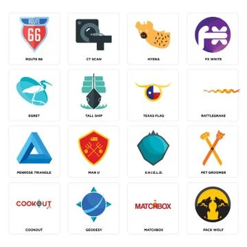 Set of pack wolf, matchbox, cookout, s.h.i.e.l.d., penrose triangle, texas fl 무료 스톡 일러스트