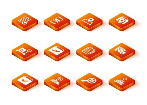 Set Package box with check mark, Placeholder on map, Scale cardboard, Plane and Stock Illustration