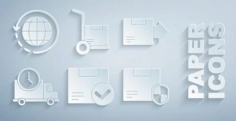 Set Package box with check mark, Carton cardboard, Logistics delivery truck and 스톡 일러스트