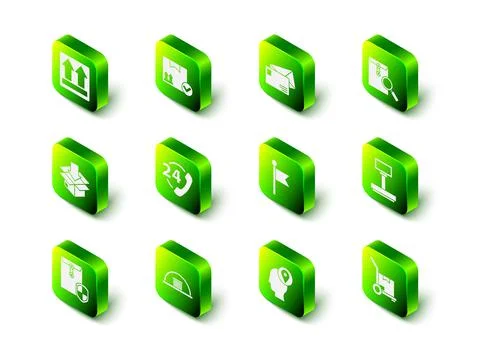 Set Package box with check mark, Envelope, magnifying glass, Scale, Hand truck Stock Illustration