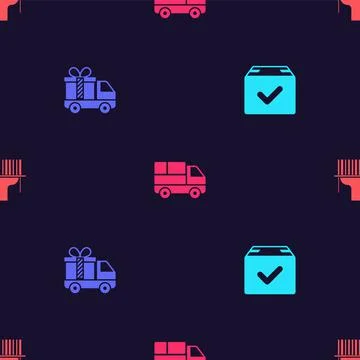 Set Package box with check mark, Delivery truck gift, boxes and Scanner scanning Illustrazione stock