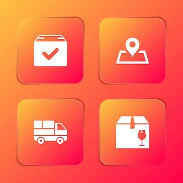 Set Package box with check mark, Placeholder on map, Delivery truck boxes and イラスト素材