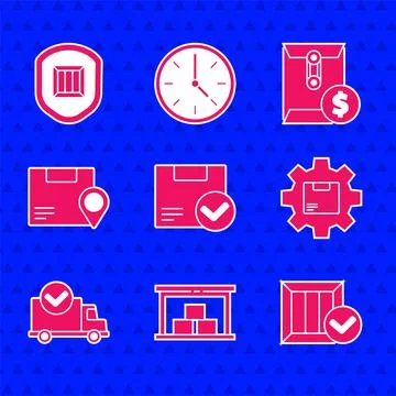 Set Package box with check mark, Warehouse, Wooden, Gear wheel package, Delivery Illustrazione stock