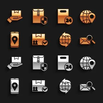 Set Package box with check mark, Location on the globe, Envelope magnifying Illustrazione stock