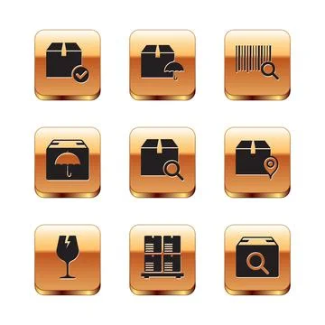 Set Package box with check mark, Fragile broken glass, Cardboard boxes on pallet Stock-Illustration