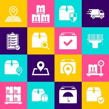 Set Package box with check mark, Scale cardboard, Scanner scanning bar code Stock-Illustration