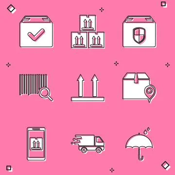 Set Package box with check mark, Cardboard traffic, Delivery security shield Stock Illustration