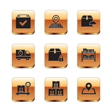 Set Package box with check mark, Scale cardboard, Cardboard traffic, Locked Stock Illustration