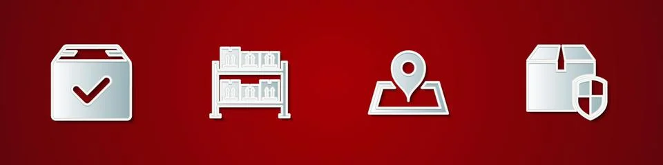 Set Package box with check mark, Warehouse, Placeholder on map and Delivery Ilustración de archivo