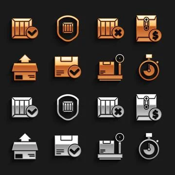 Set Package box with check mark, Envelope dollar symbol, Stopwatch, Scale イラスト素材