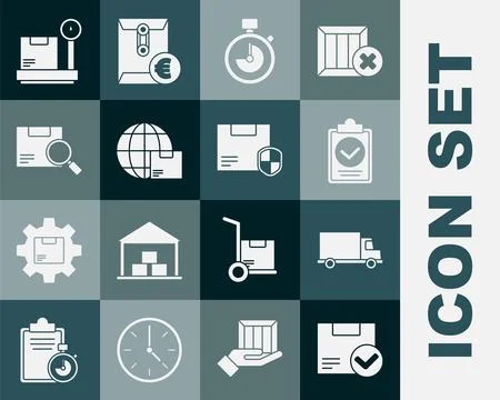 Set Package box with check mark, Verification of delivery list clipboard Stock Illustration