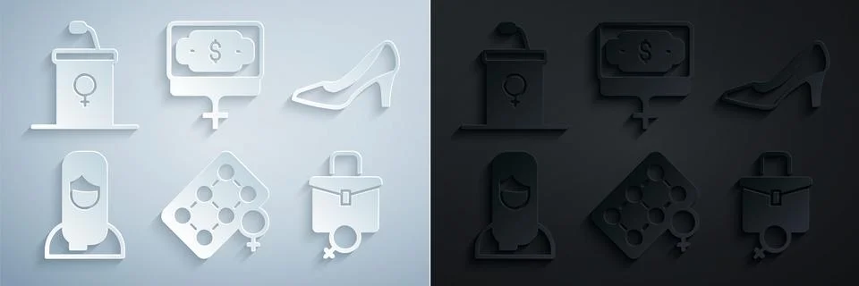 Set Packaging of birth control pills, Woman shoe, Muslim woman hijab, Work .. Stock Illustration