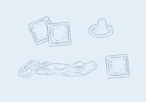Set of packed and unpacked condoms blue Stock Illustration