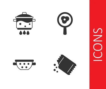 Set Packet of pepper, Cooking pot on fire, Kitchen colander and Fried eggs Stock Illustration