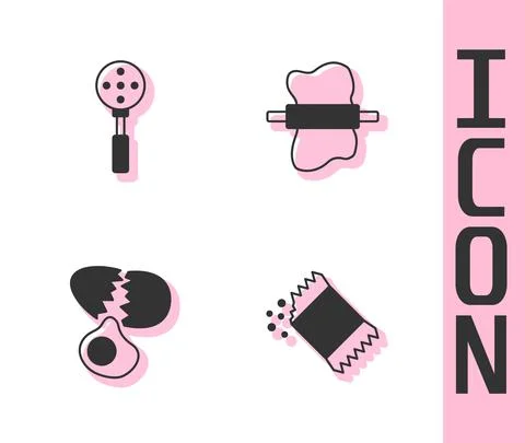 Set Packet of pepper, Spatula, Broken egg and Rolling pin on dough icon. Vector Stock Illustration