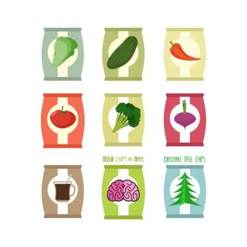 Set  packs chips. Packaging unusual flavour: coffee and brain, cucumbe and br Stock Illustration