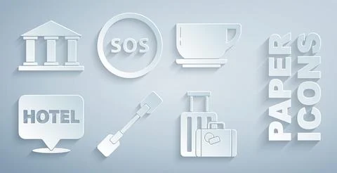 Set Paddle, Coffee cup, Location hotel, Suitcase, with SOS and Museum building Ilustración de archivo