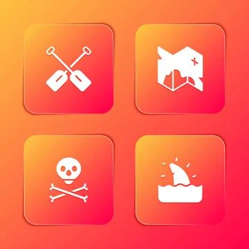 Set Paddle, Pirate treasure map, Skull on crossbones and Shark fin in ocean.. Stock Illustration