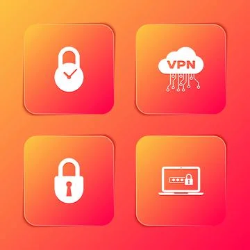 Set Padlock with clock, Cloud VPN interface, Lock and Laptop password icon Stockillustratie