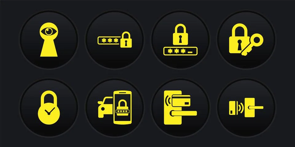 Set Padlock with clock, Lock and key, Smart car security system, Digital door Stock Illustration
