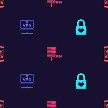 Set Padlock with heart, VPN Computer network, Server and Mobile and face Stock Illustration