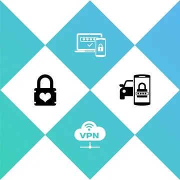 Set Padlock with heart, VPN Network cloud connection, Two steps authentication Stock Illustration