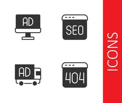 Set Page with a 404 error, Advertising, on truck and SEO optimization icon Stock Illustration