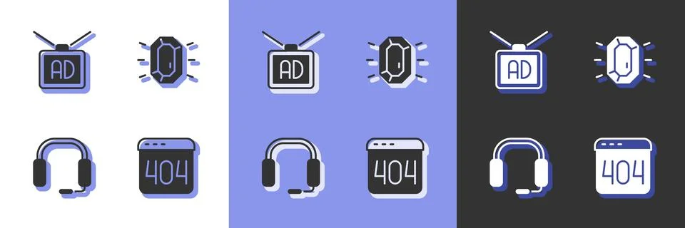 Set Page with a 404 error, Advertising, Headphones and Diamond icon. Vector 스톡 일러스트