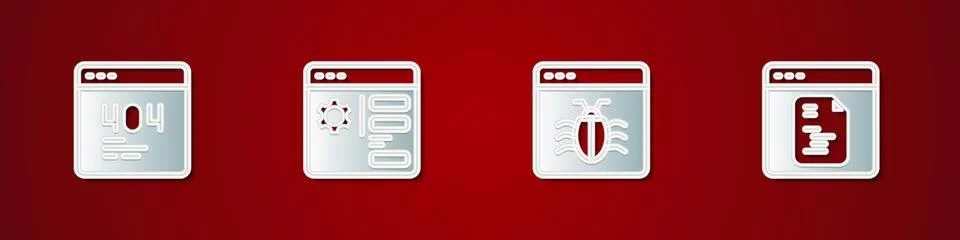 Set Page with a 404 error, Browser setting, System bug and Software icon. Vector Illustrazione stock