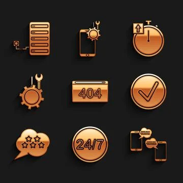 Set Page with a 404 error, Clock 24 hours, Chat messages on mobile, Check m.. Stock Illustration