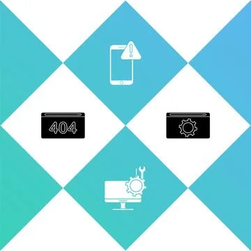 Set Page with a 404 error, Computer monitor service, Mobile exclamation mark and Stock Illustration