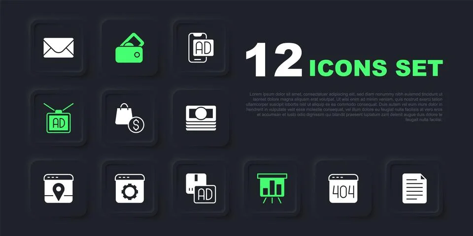 Set Page with a 404 error, File document, shopping bag and dollar, Board gr.. Stock Illustration