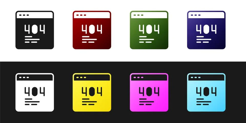 Set Page with a 404 error icon isolated on black and white background. Template Illustrazione stock