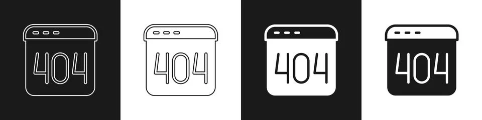 Set Page with a 404 error icon isolated on black and white background. Template Stock Illustration