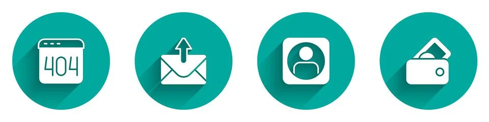 Set Page with a 404 error, Mail and e-mail, Create account screen and Wallet  Stock Illustration