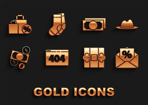 Set Page with a 404 error, Man hat ribbon, Envelope interest discount, Gift box 스톡 일러스트