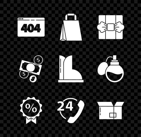 Set Page with a 404 error, Paper shopping bag, Gift box, Discount percent tag Stock Illustration
